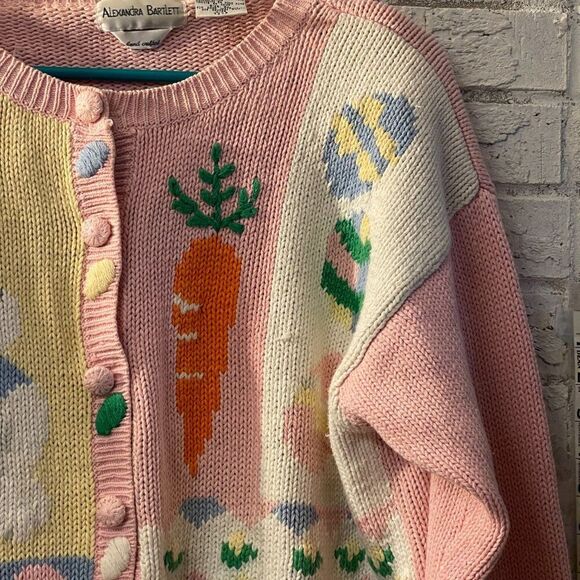 Vintage Alexandra Bartlett Handcrafted Easter Knit Cardigan Pastel Bunny Carrot - Picture 5 of 12
